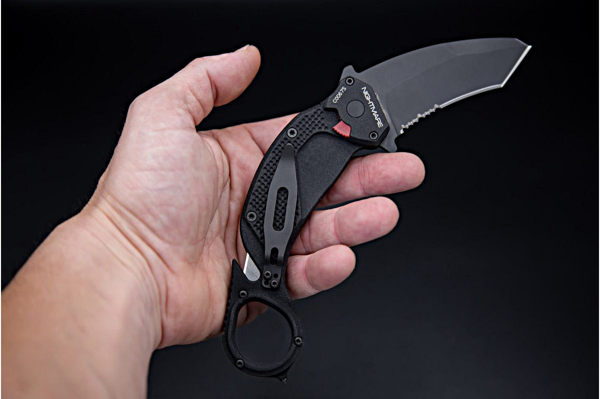 NIGHTMARE KARAMBIT BLACK- with a uniquely curved rescue blade